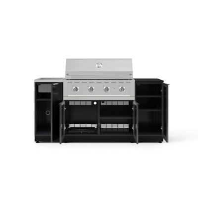Ensemble d'armoires d'extérieur en aluminium 5 pièces avec évier, 1 porte, armoire de barbecue, gril au propane liquide 40 po et plateau noir Dekton 16 po