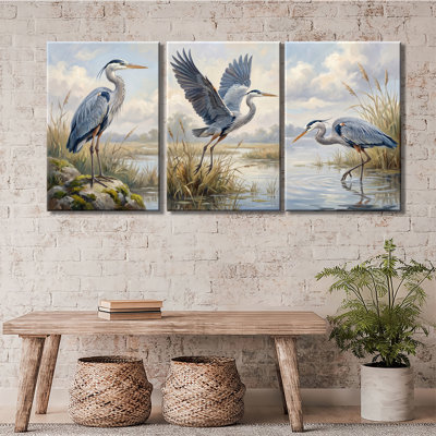 «Blue Heron Wetland», ensemble de 3 impressions sur toiles tendues avec châssis de qualité supérieure