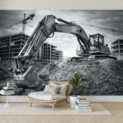 Peel and Stick Wallpaper 144" W x 100" H Modern Self Adhesive Wall Mural for Bedroom Excavator construction site Construction Building Digging