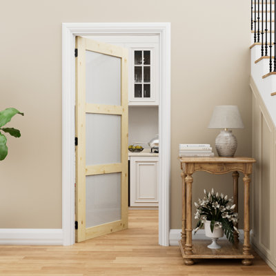 Porte intérieure à 3 carreaux en pin massif et verre dépoli, style colonial naturel, pré-montée, verre trempé SGCC, avec ensemble de chambranle, joint d'étanchéité, charnières noires et ouverture vers l'intérieur à gauche, porte non finie et à peindre, pour garde-manger, chambre, salle de bain et placard, 61 cm x 203 cm