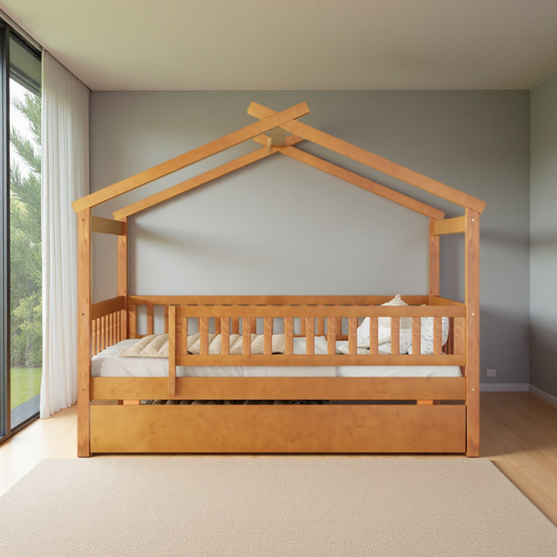 Lit en bois avec lit gigogne simple, Noyer