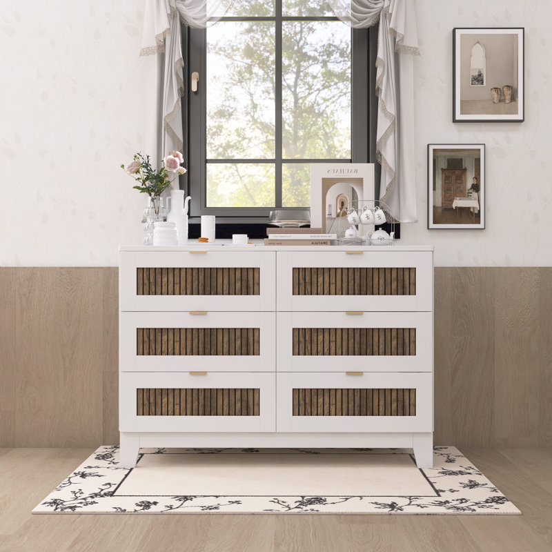 Rustic Farmhouse Style Wooden Dresser With 6 Drawers, White