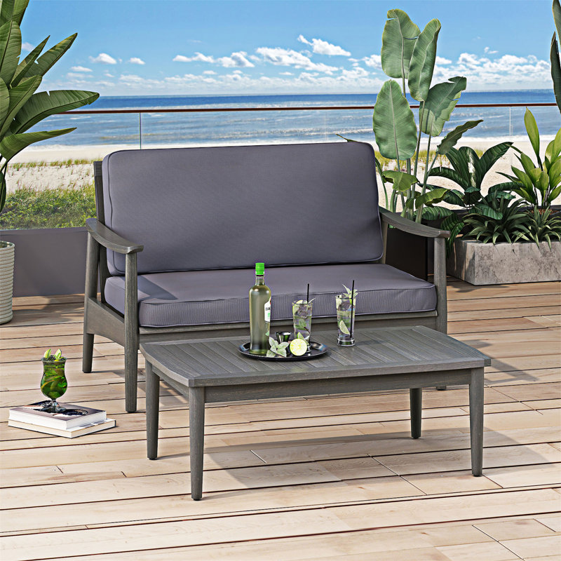 Wood Patio Conversation Set With Cushion, Dark Gray, Dark Gray