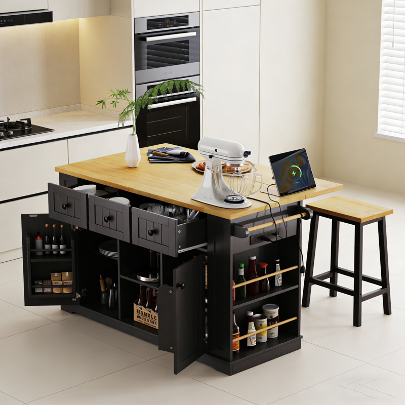 53-Inch Large Kitchen Island With Drop Leaf, Power Outlet, And Internal Storage, Rolling On 5 Wheels With Open Side Racks