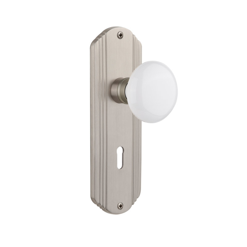 Plaque décorative avec trou de serrure décoratif et bouton de porte en porcelaine blanche, 2 3/8 po, Nickel satiné