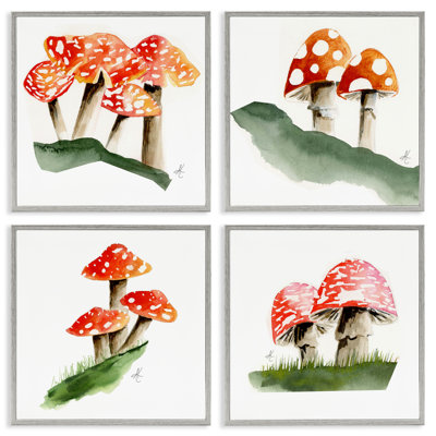 Red Spotted Mushrooms 4 PC Giclee Art Set by Alexandria Gilbert Kincaid