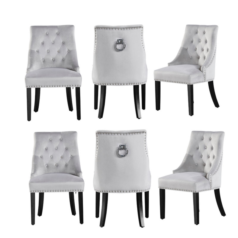 Jacey 6 Person Dining set - a Rectangular Wooden Dining Table with Metal Legs and a Set of 6 Quilted Ring Knocker Velvet Dining Chairs for Dining Room - Modern Dining Table Set