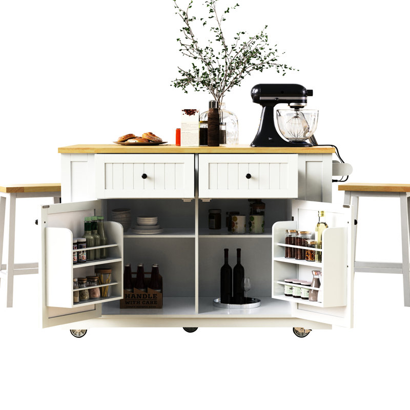 Grand îlot de cuisine avec espace de rangement interne, prise de courant, 5 roulettes, 2 tiroirs, tablettes réglables, rangement blanc de 48 po, entrée, mobilité, finition