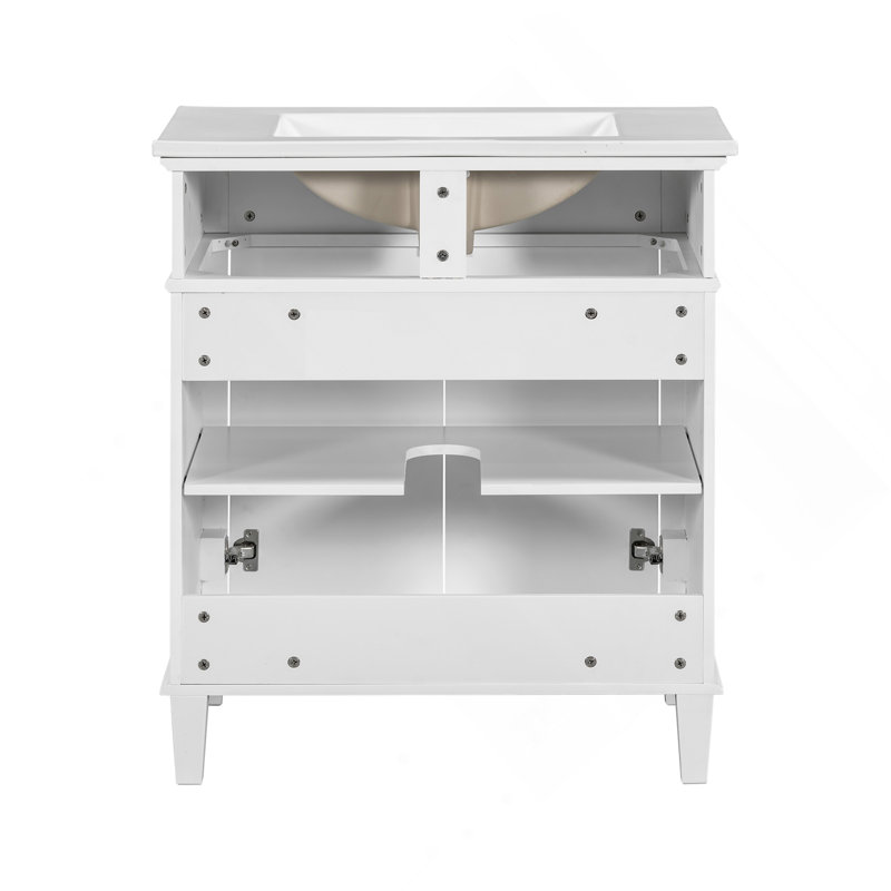 Meuble-lavabo de 30 pouces avec lavabo en céramique, porte à fermeture en douceur et tablettes réglables, Blanc