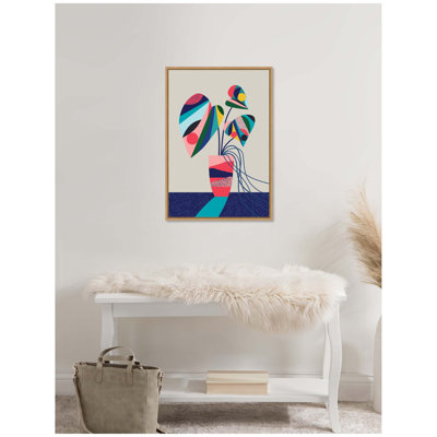 «MCM Blue and Pink Monstera» par Rachel Lee, 3 oiseaux, reproduction d'art sur toile encadrée