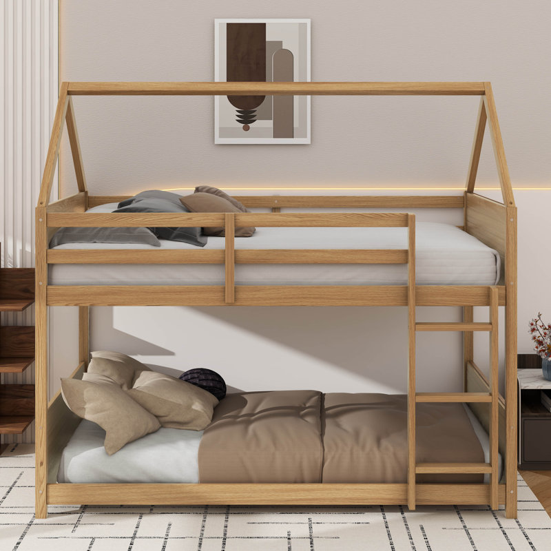 Lit superposé simple au-dessus d'un lit simple avec conception de maison et panneaux de pieds, Chêne blanc