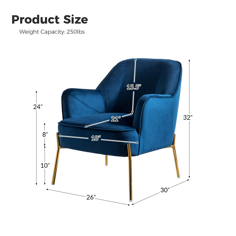 Chaise contemporaine Cleo de 26 po de largeur avec accoudoirs encastrés, Velours marine