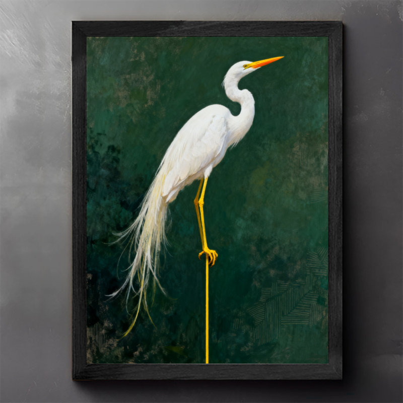 Aigrette blanche rétro encadrée noire - élégance et beauté naturelle, impressions murales de style rétro, H 11 po x l 9 po
