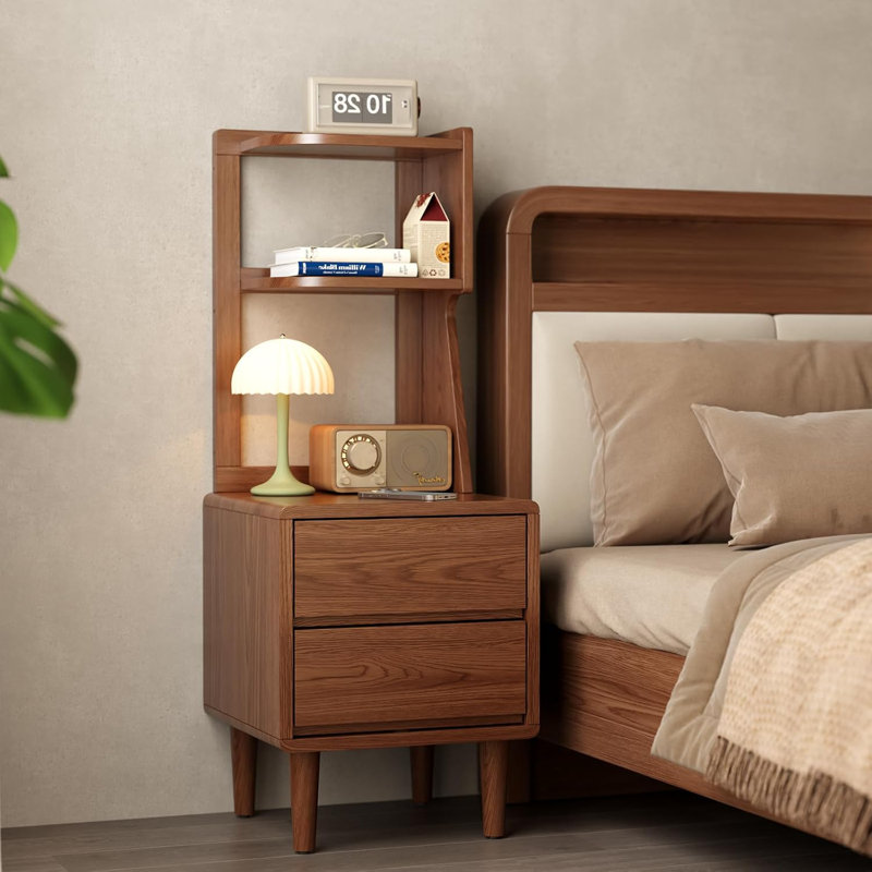 Agripina Solid Wood Narrow Bookshelf with Drawers, Tall Bookcase Nightstand with Open Shelves, Small Storage Cabinet for Bedroom Living Room Office
