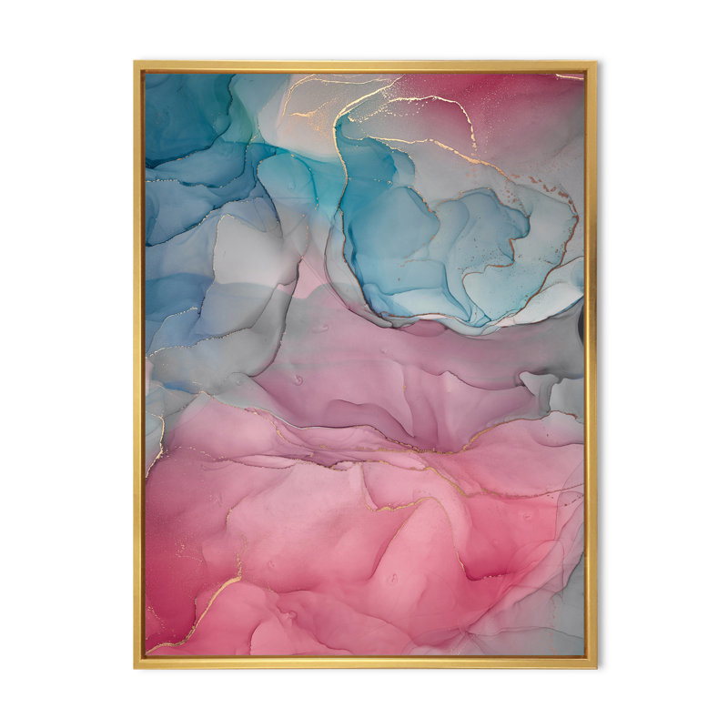 «Pink and Blue Ink Clouds I», peinture sur toile, H 40 po x l 30 po x P 1,5 po, Cadre flottant doré