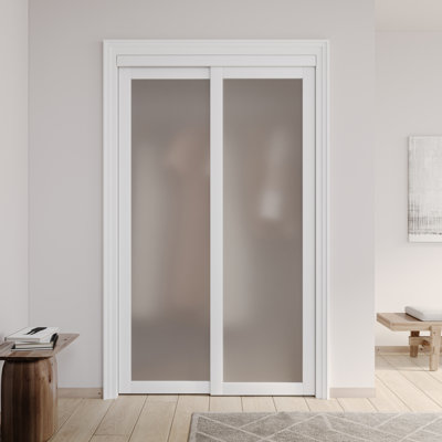 48"X80" 1 Lite Tempered Frosted Glass and MDF White Pantry Sliding Closet Door with Hardware