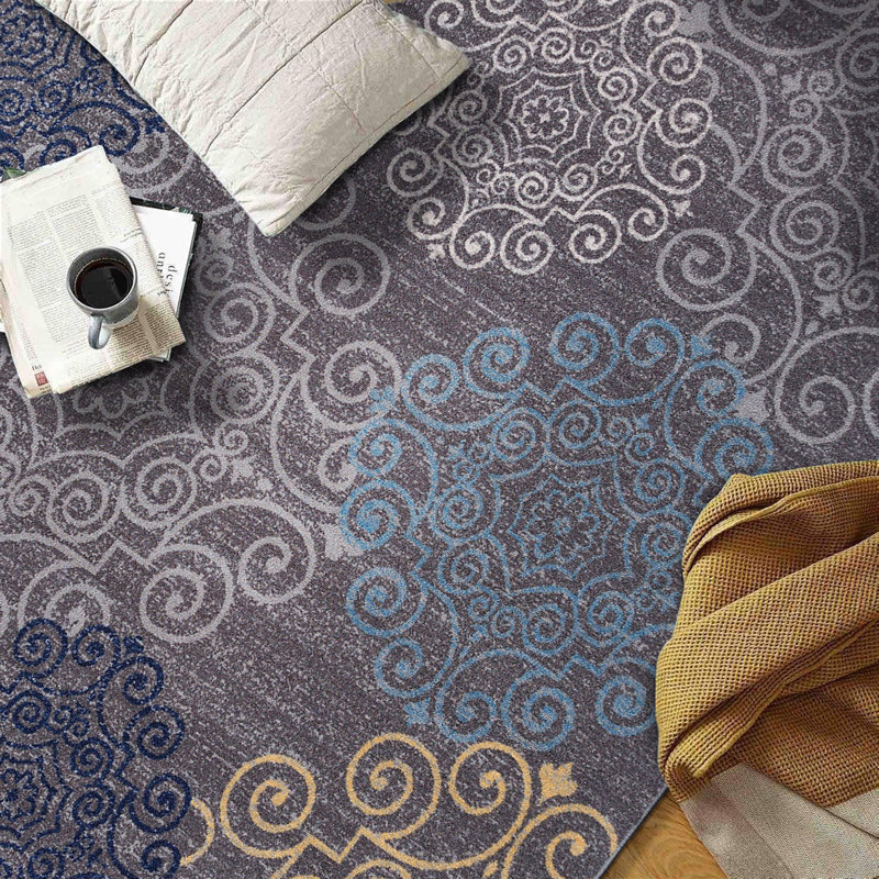 Combien Tufted Gray/Blue/Yellow Non-Slip Rubberback Area Rug, Rectangle 7'10" x 10'