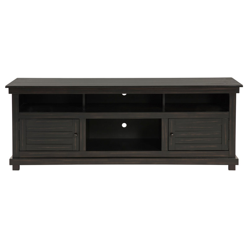 Meuble télé en pin élégant, 40,5 cm de large, quatre compartiments et deux espaces dissimulés pour ranger vos appareils multimédias. Compatible avec les téléviseurs à écran plat de 70 à 79 pouces. Six accessoires inclus.