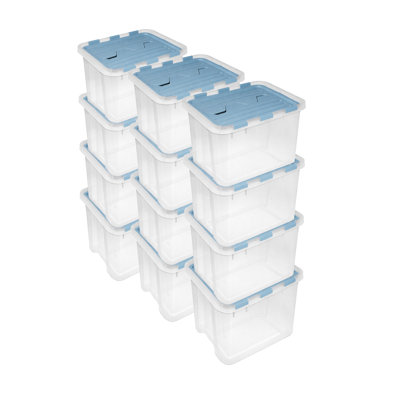 Sterilite 30 Qt Hinged Lid Storage Box, Plastic Container, Washed Blue, 12 Pack