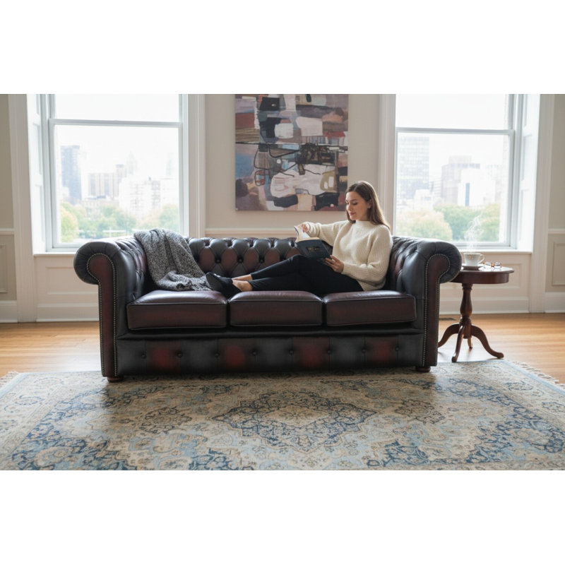 3 Seater Genuine Leather Sofa, Brown/Blue