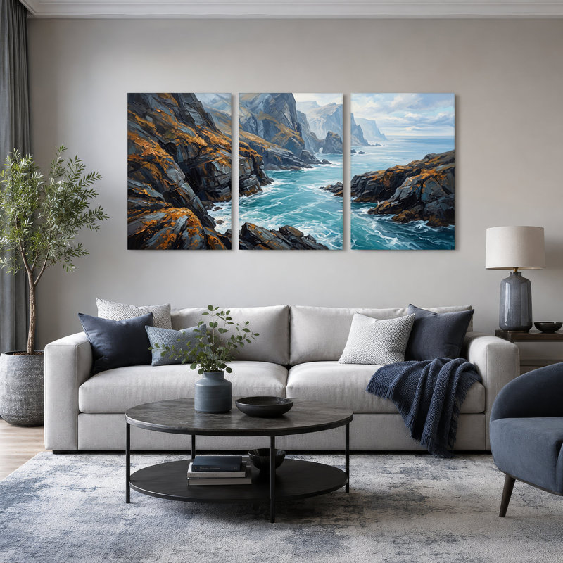 Ensemble de 3 toiles grises et rouillées sur l'eau turquoise de l'océan, H 36 po x l 24 po x 3 pièces