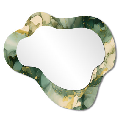 Modern Asymmetrical Wall Mirror – Green Luxury Abstract Fluid Art I, Metal Print