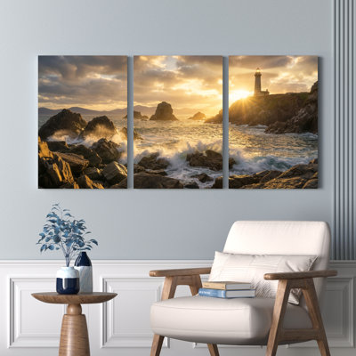 Coucher de soleil sur les vagues de l'océan, impression sur toile tendue sur toile, ensemble de 3
