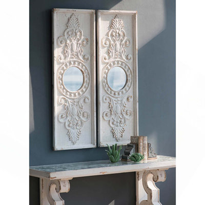 Ensemble de 2 grands panneaux d'art mural en bois avec des accents de miroir rond pour une décoration intérieure durable et élégante
