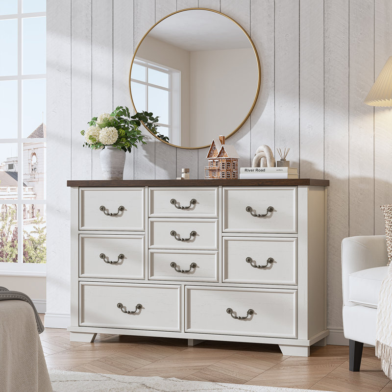 Antique White and Brown Wooden 9-Drawer Dresser with Metal Handles
