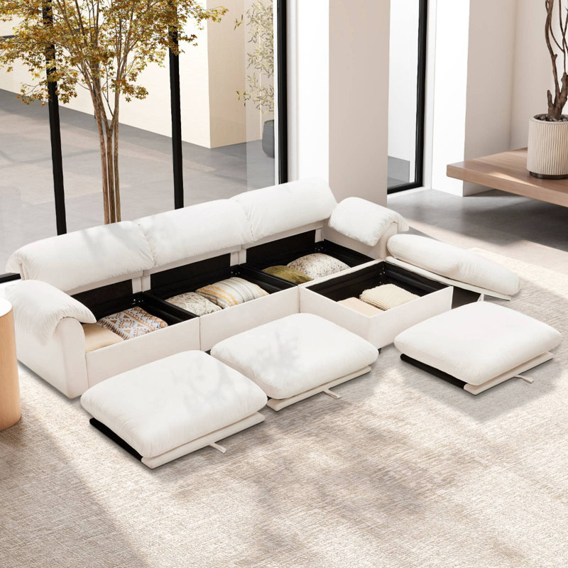 Canapé modulaire en forme de L de 119 po avec repose-pieds, Velours blanc
