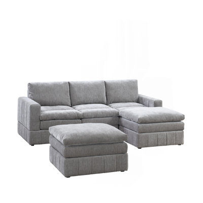 Contemporary 5Pc Set Modular Sectional Set 2X One Arm Chair / Wedge 1X Armless Chair 2X Ottoman Granite Color Morgan Fabric Plush Living Room Furnitur