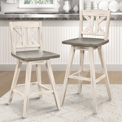 2 360-degree Swivel Pub Chairs, Solid Rubberwood, Distressed Gray/white, , Dining Room Furniture Piece Of 2 Gray And White, Divided Rustic