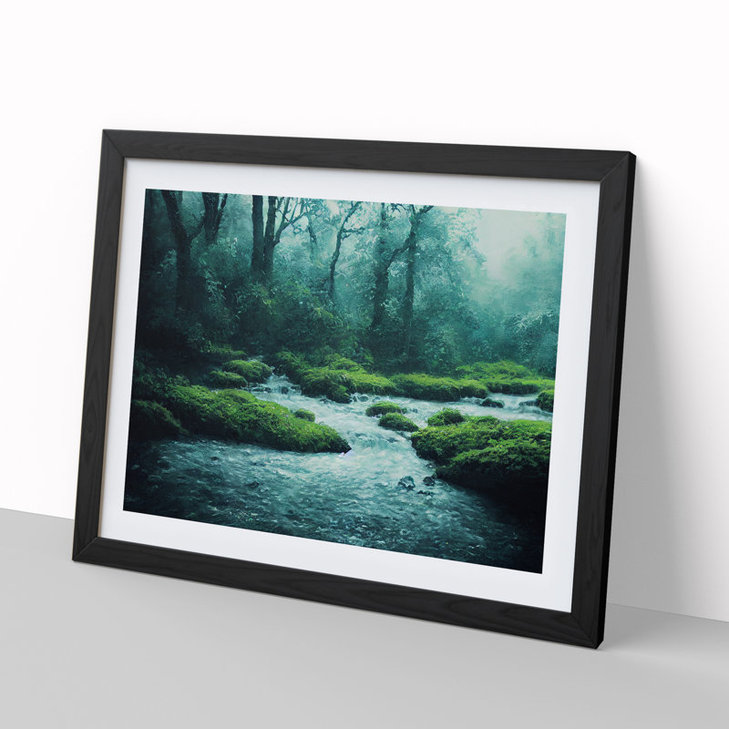 Breathtaking Forest Stream - Single Picture Frame Print, 25cm H x 34cm W x 2cm D, Black Framed