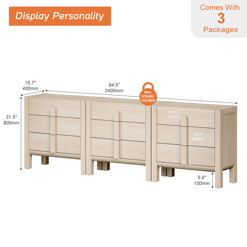 Commode 9 tiroirs pour chambre à coucher, commode Mid-Century moderne avec rangement, commode 3-en-1 en bois pour le salon, la chambre à coucher, le vestibule