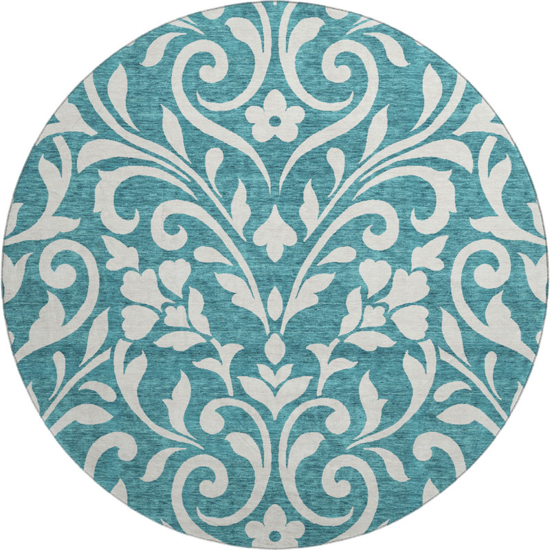Premium Machine Washable Prisco Teal Rug, Round 8'