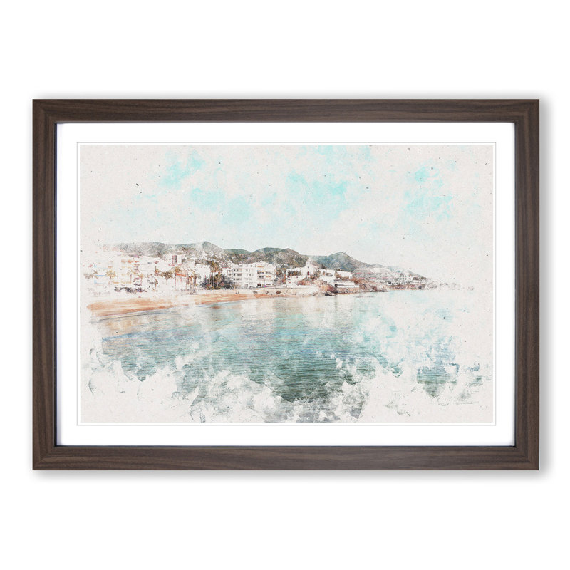 Shoreline of Sitges in Spain - Picture Frame Painting Print, 45cm H x 63cm W x 2cm D, Walnut Framed