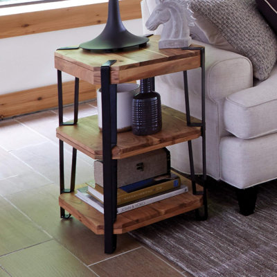 End Table With Solid Acacia Wood Top And Industrial Metal Frame, 2-Shelf Design, Unique Wood Grain With Knots And Cracks, Includes Nylon Floor Protectors
