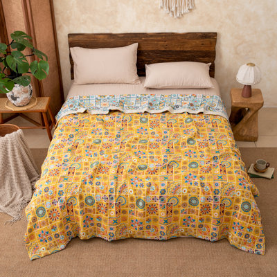  100% Cotton Reversible Throw Blanket, Mandala Soft Breathable Woven Quilt With Patchwork & Geometric For Couch, Sofa & Bed - Decorative Farmhouse Knit Blanket All Season