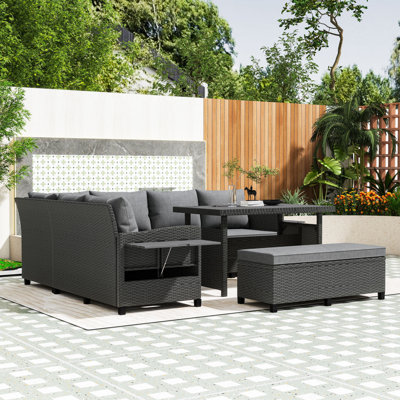 5-Piece PE Wicker Outdoor Conversation Set with Extendable Side Tables and Comfortable Cushions by Latitude Run
