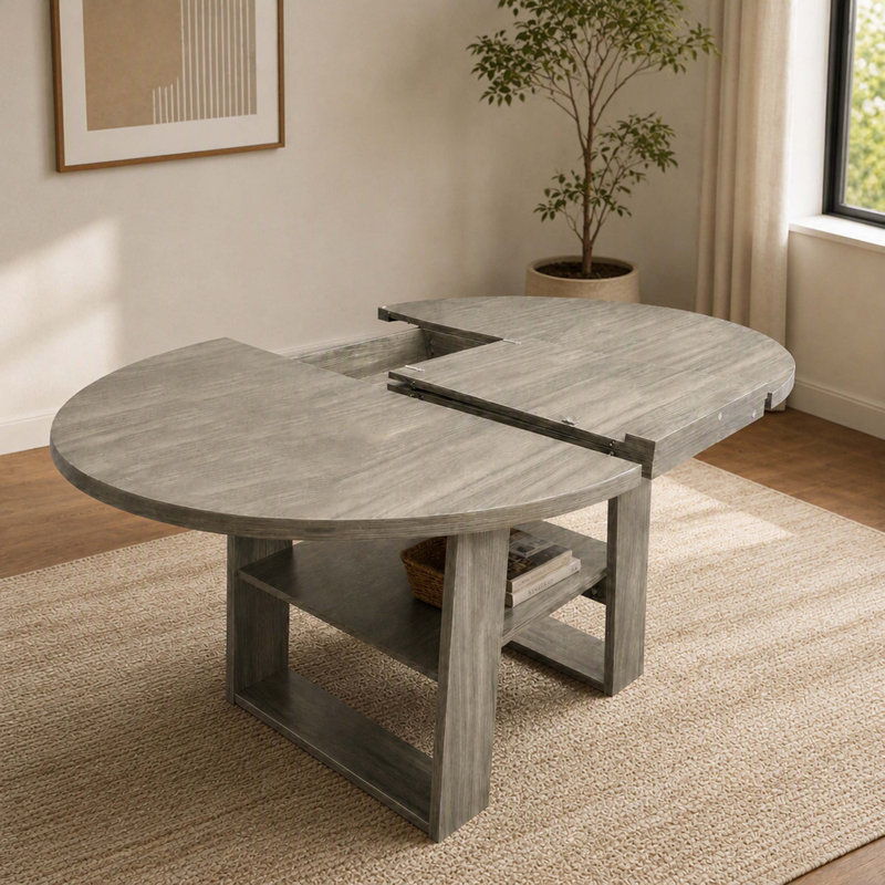 43.3"‑59" Extendable Round‑to‑Oval Flip‑Leaf Dining‑Table, Built‑In Extension Panel, H‑Shape Support Base & Open‑Storage Shelf, Gray Kitchen Dinner‑Table for 4‑6 Diners