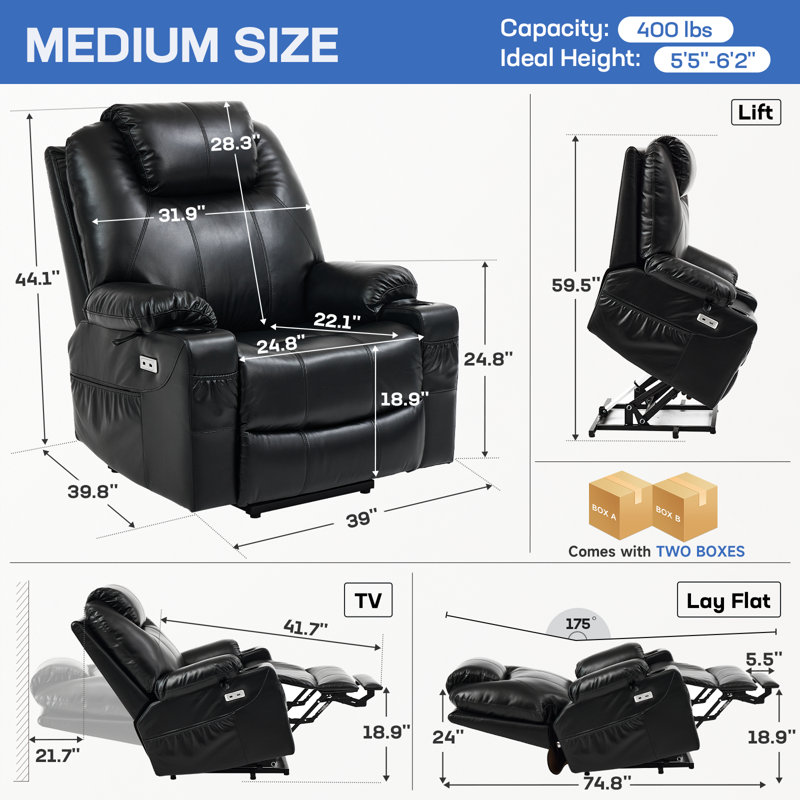 Dual Motor Power Lift Recliner Chair for Elderly with Massage and Heat, Electric Lift Chair for Big and Tall Adults, USB A&C, 2 Cup Holders (T6013 - Faux Leather, Black, Oversized)