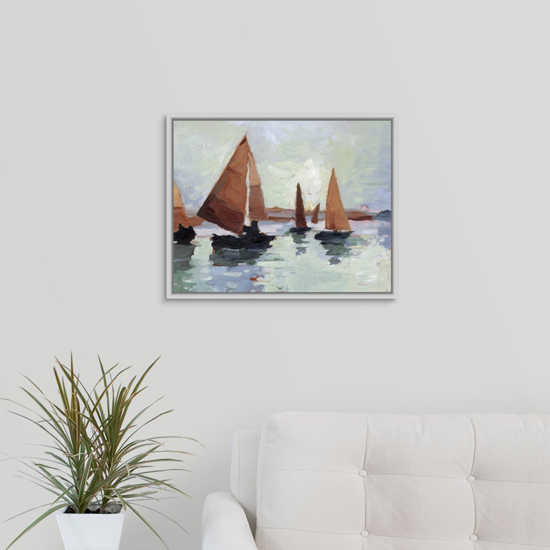 «Sunset Harbor I», peinture sur toile, H 17,7 po x l 21,7 po x P 1,75 po, Cadre flottant blanc