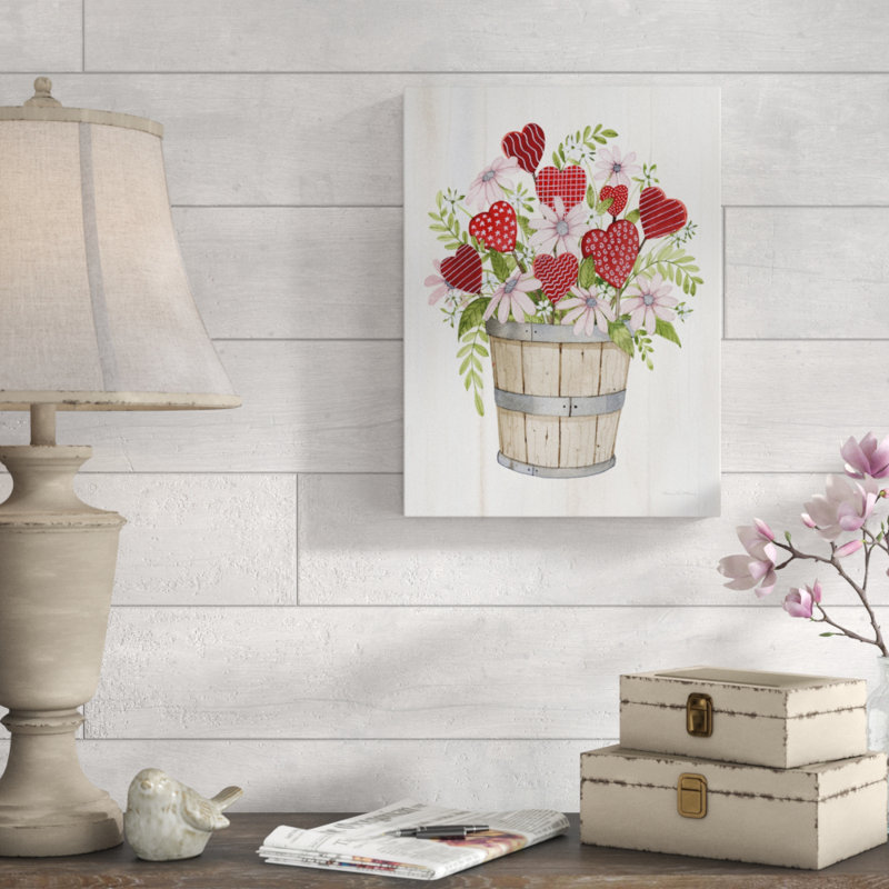 « rustique valentine bushel basket », reproduction de peinture à l’aquarelle sur toile tendue, H 24 po x l 18 po x P 2 po