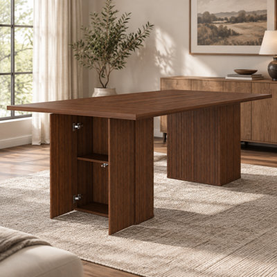 Modern Farmhouse Dining Table, 79.53 Inch Long Rectangular MDF Table with Walnut Wood Veneer and Storage Base