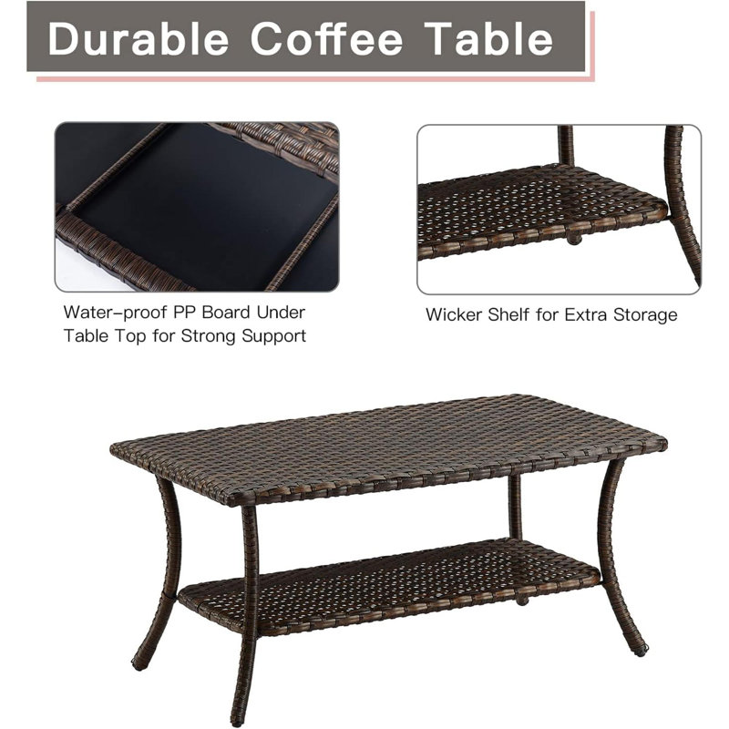 Outdoor Wicker Coffee Table, Patio Coffee Table With 2-Tier Storage Shelf With PP Board For Patio Conversation Set