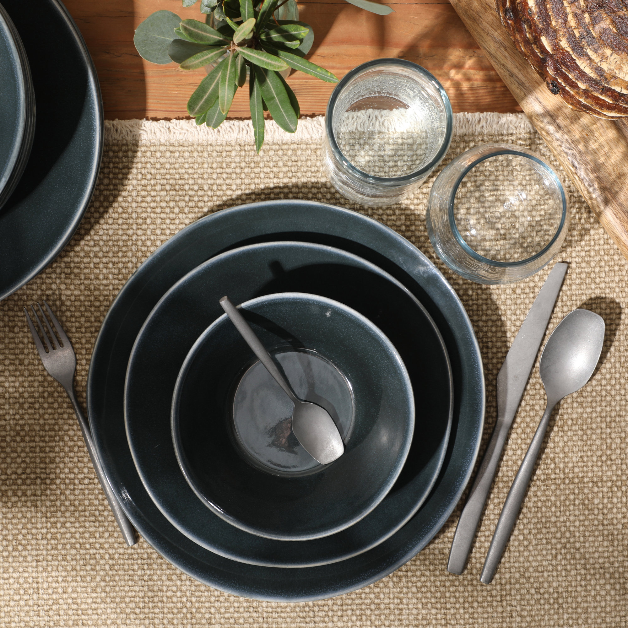 Bloomhouse Montecito Breeze 16 Piece (Service for 4) Double Plates and Bowls Stoneware Reactive Glaze Dinnerware Set - Laguna Dawn