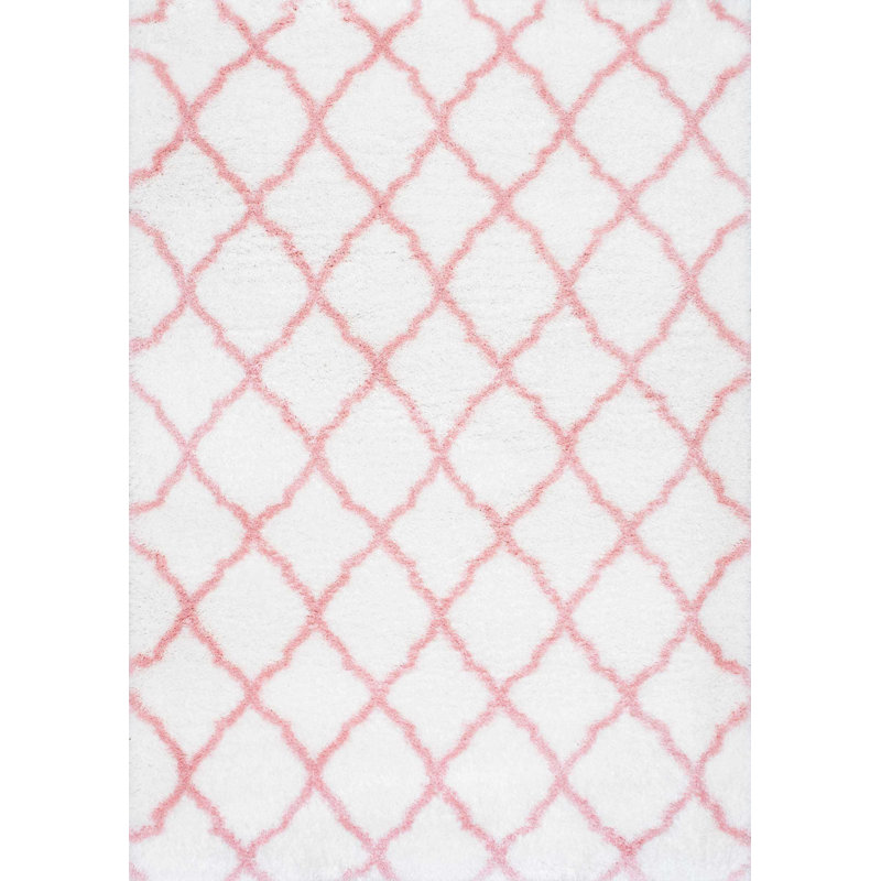 Tapis performance blanc / rose à poils longs et motif à treillis Cuanaic, Rectangle 7 pi 10 po x 10 pi