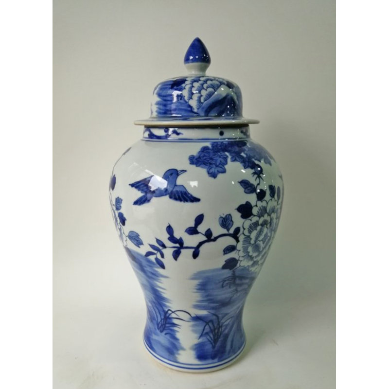 Pot à gingembre bleu et blanc en porcelaine de Chine avec oiseaux et fleurs