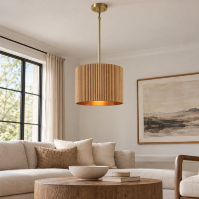 Oak-Tone Slatted Drum Pendant Light, Brushed Gold Finish, Adjustable Height