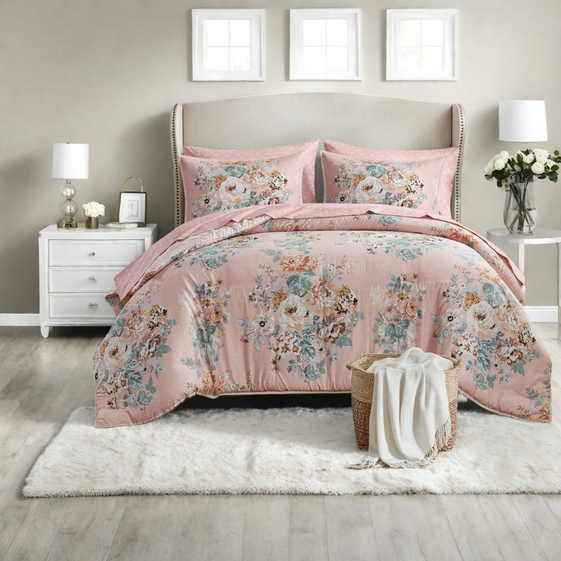 Ensemble de literie à motif floral luxueux 7 pièces, confort polyester, style rétro